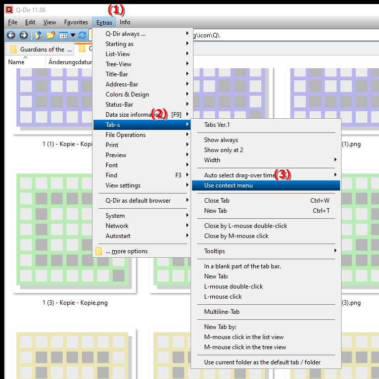 How to display the right click context menu in File Explorer tabs